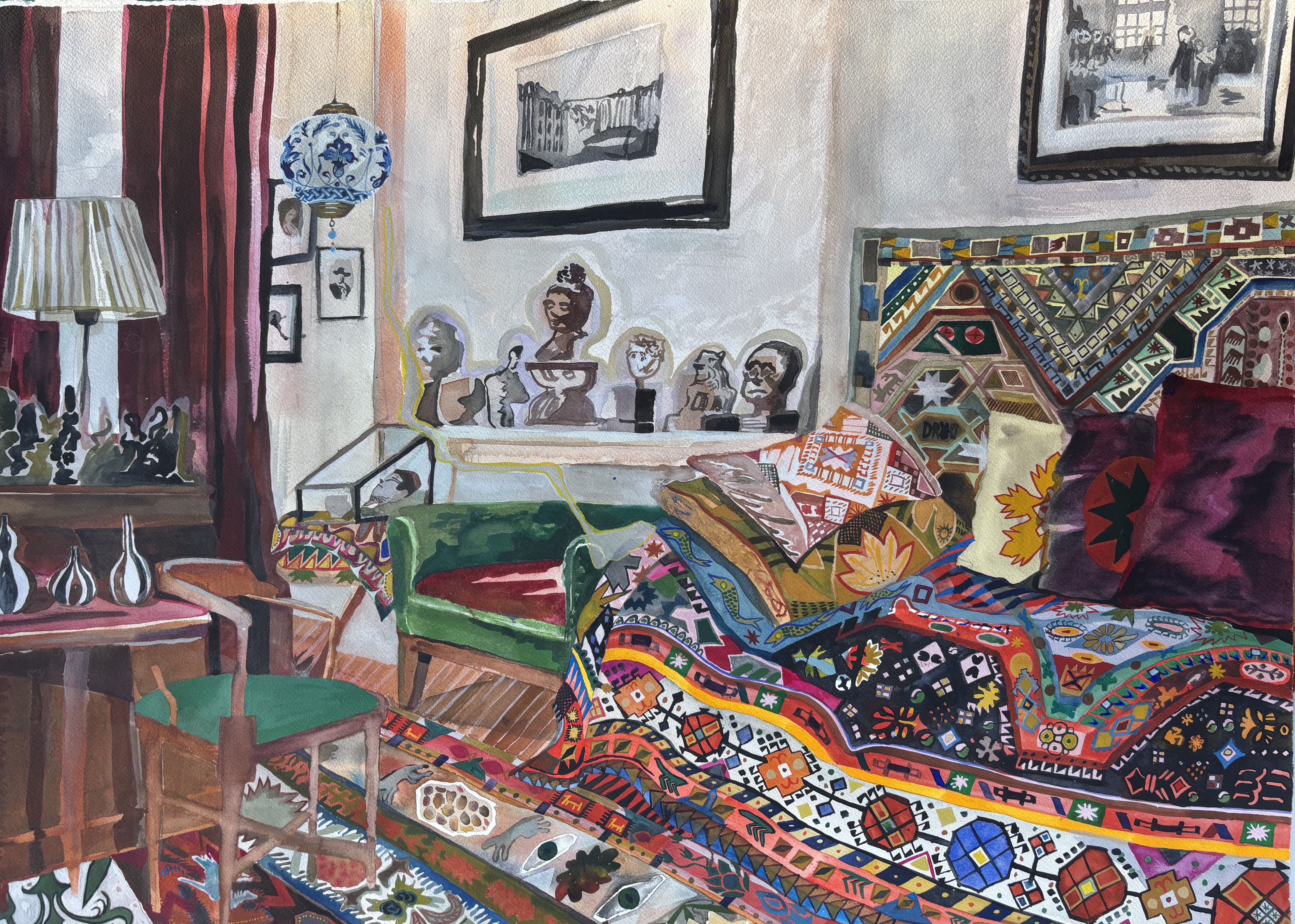 Freud's Office, watercolor on paper