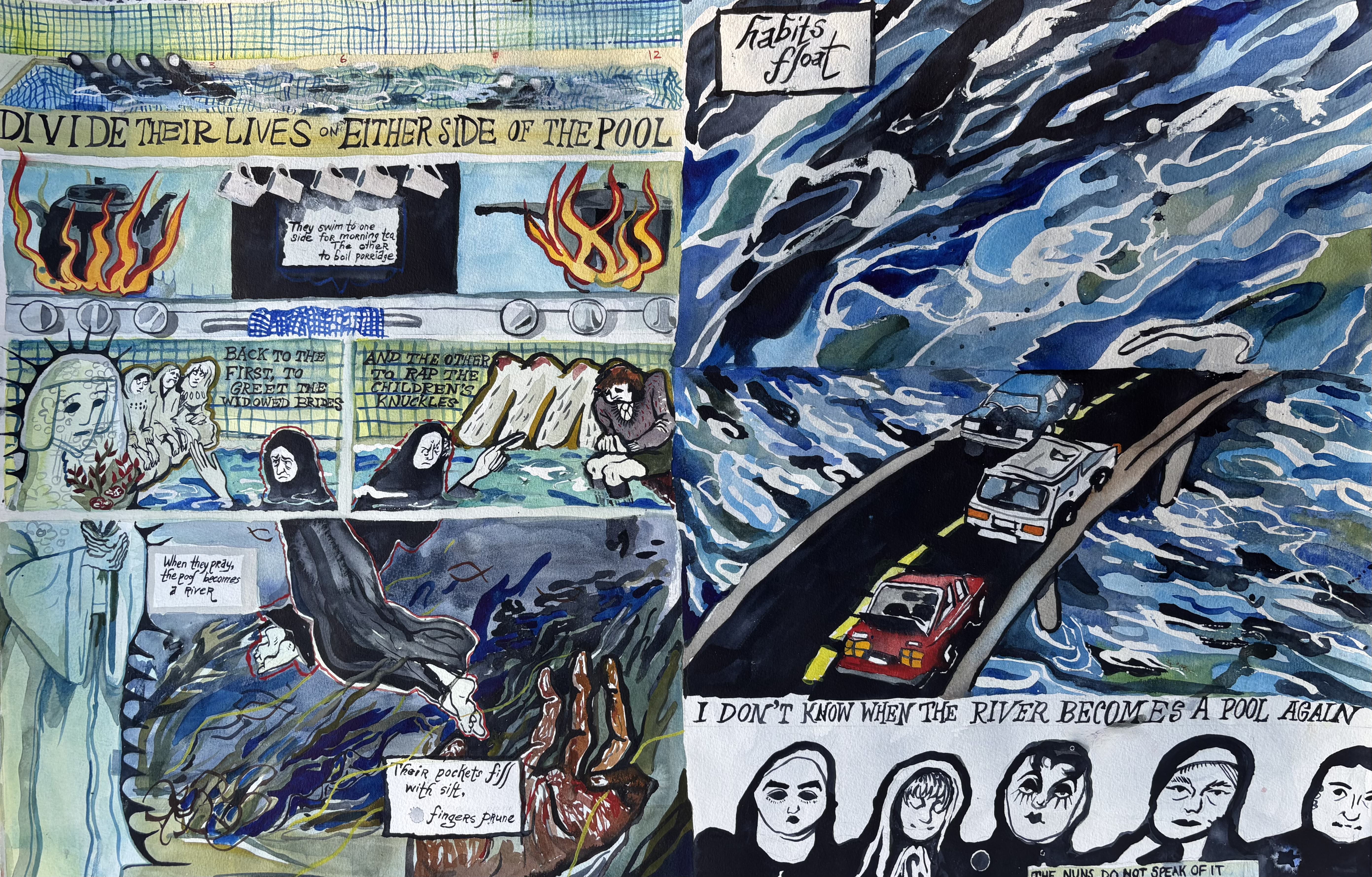 Nuns who swim laps, watercolor on paper